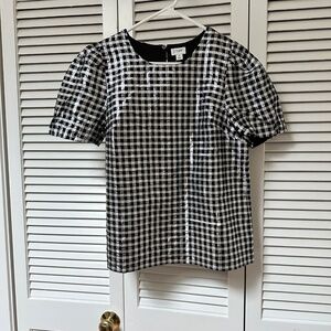 J. Crew Metallic Cotton Gingham Check Short Sleeve Blouse Silver Black